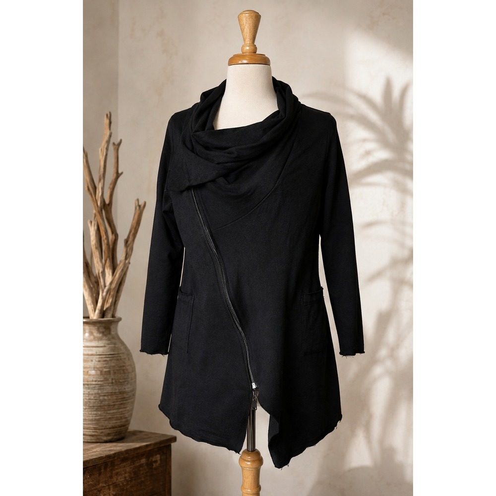 Neon Buddha Black Asymmetrical Zip Lagenlook Draped Longline Jacket XL Cotton